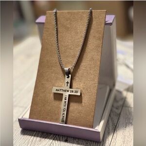 Stainless Steel Silver Cross Necklace with Matthew 28:20 Engraving